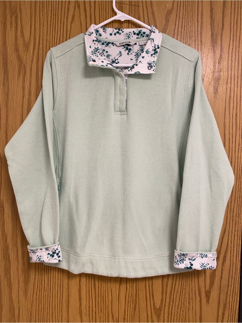 Orvis Large Mint Green Fleece Pullover with Floral-Trim Collar